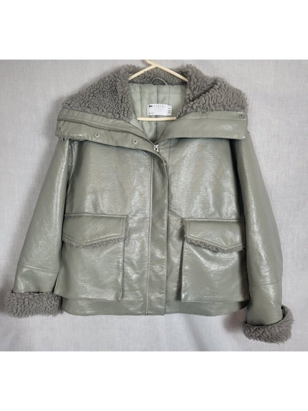 ASOS Design Faux Leather Coat Women’s Petite Sz 10 Metallic / Shiny Gray Winter